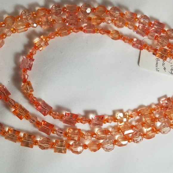 Hand Crafted Necklace & Bracelet Set Tangerine Crystal Wrap Coil 3 Strand - Picture 5 of 6